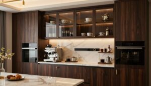 built-in coffee station ideas in modern luxury kitchen with custom cabinetry
