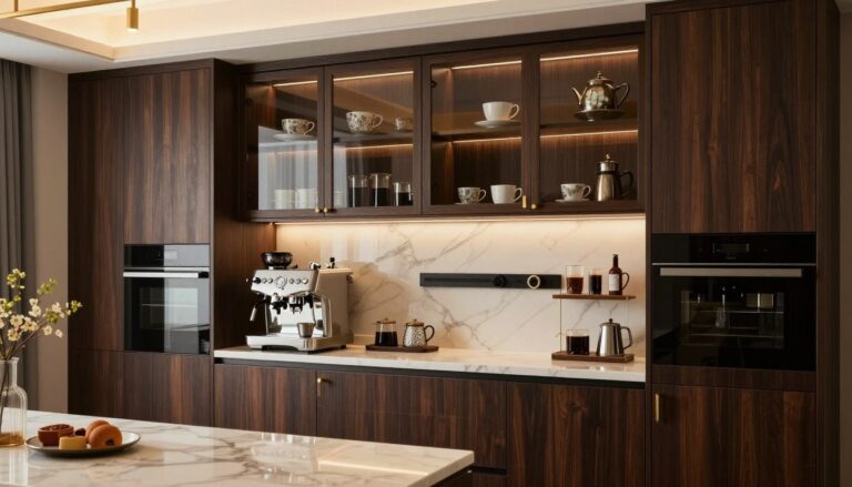 built-in coffee station ideas in modern luxury kitchen with custom cabinetry