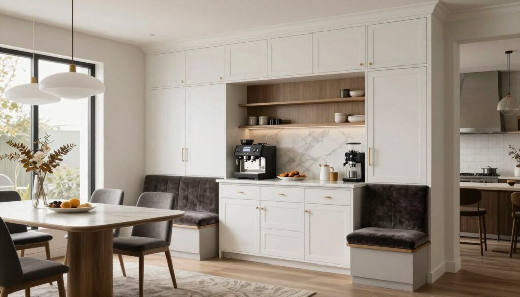 built-in coffee station integrated with breakfast nook in luxury kitchen