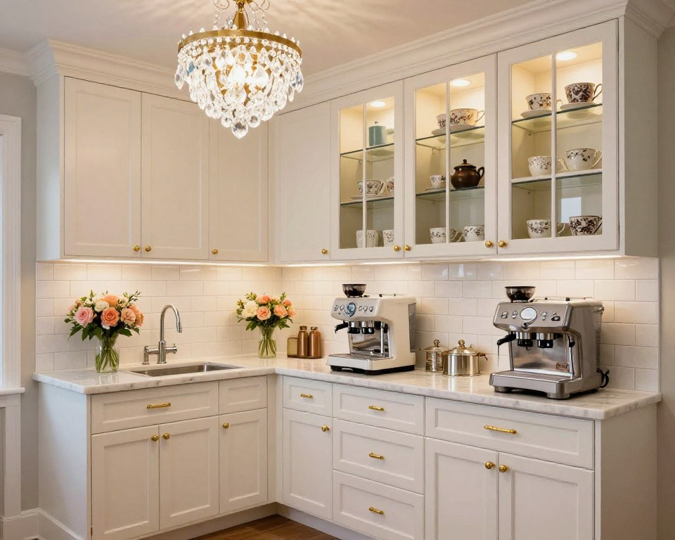 butler pantry coffee station with elegant lighting