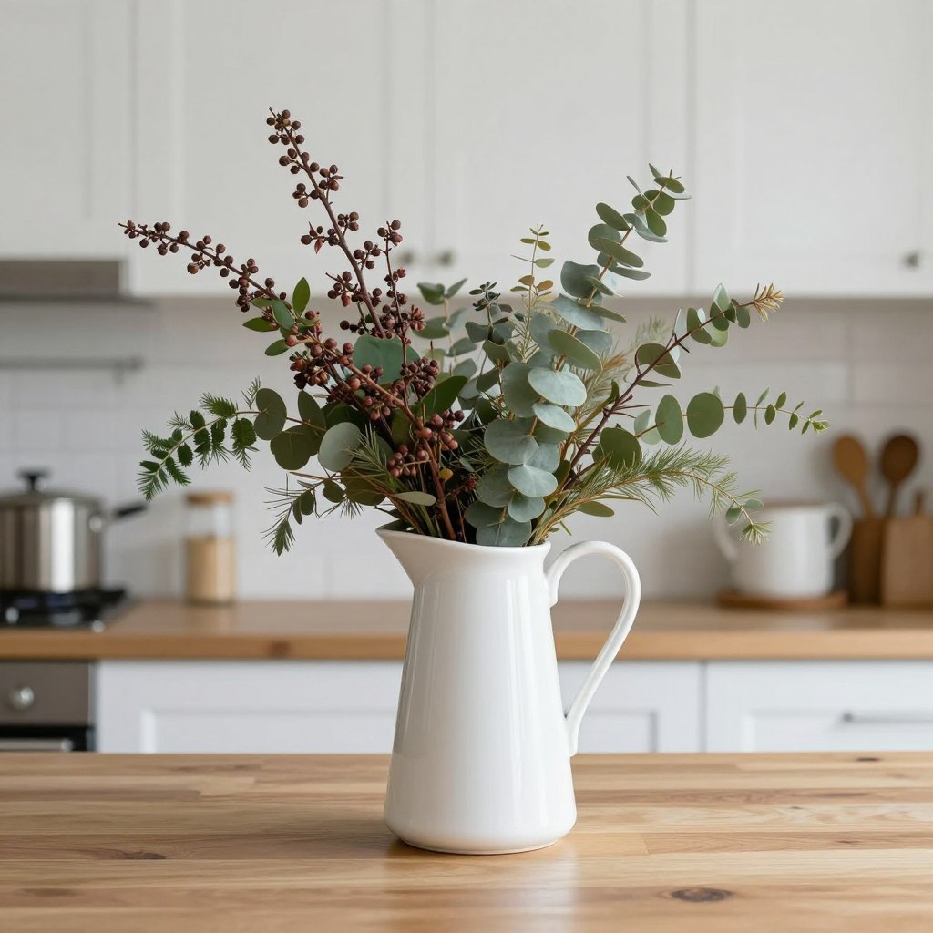 ceramic pitcher with fresh seasonal branches