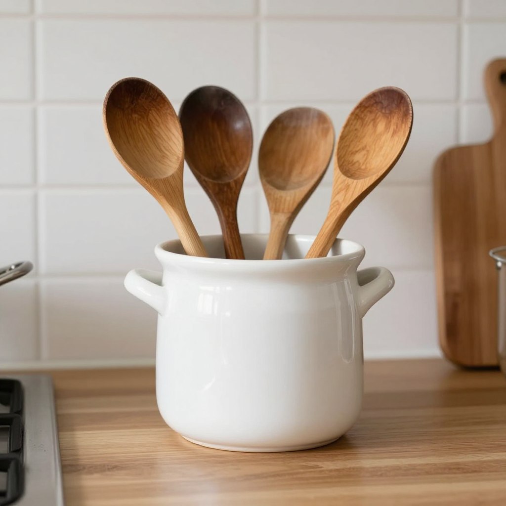 ceramic utensil holder with wooden cooking tools