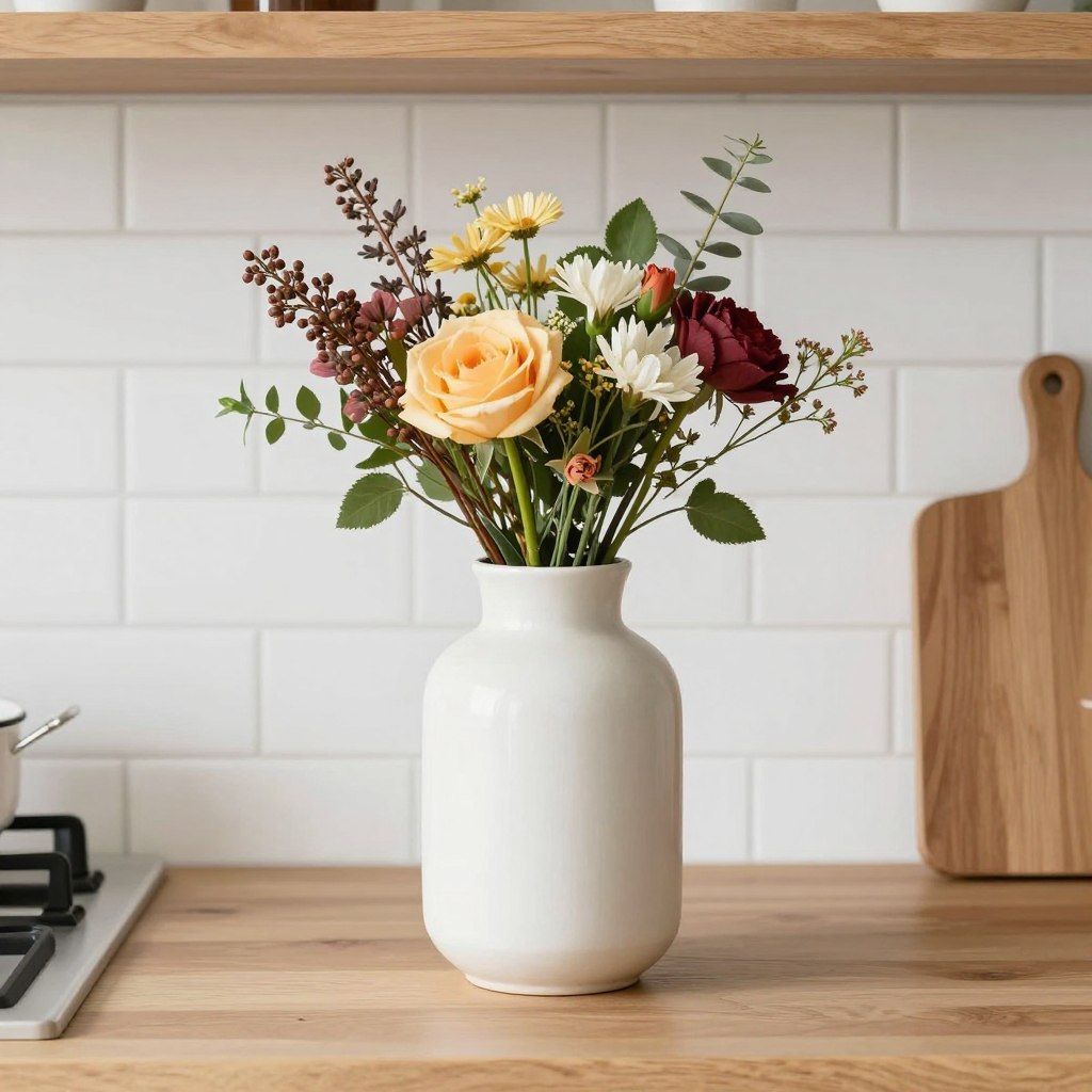 ceramic vase with fresh seasonal flowers on kitchen counter
