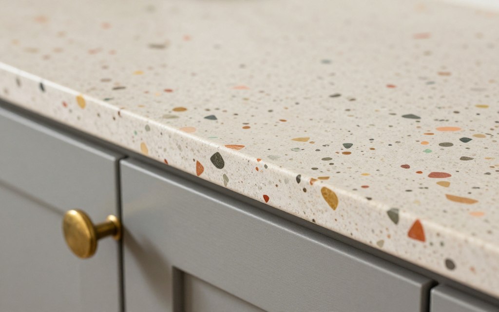 close-up of terrazzo countertop edge with brass cabinet hardware