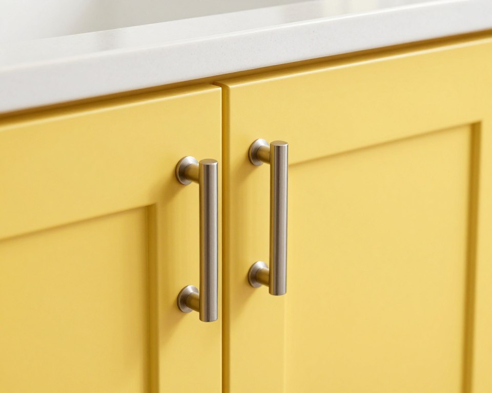close-up of yellow cabinet with stainless steel hardware and white countertop edge