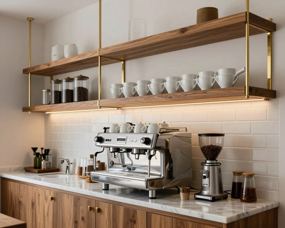 coffee station with wood shelves and brass accents in modern kitchen