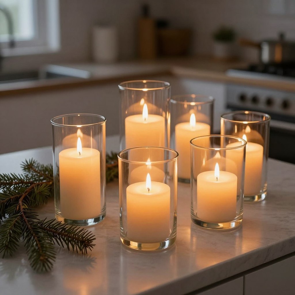 decorative candles in glass holders on kitchen counter