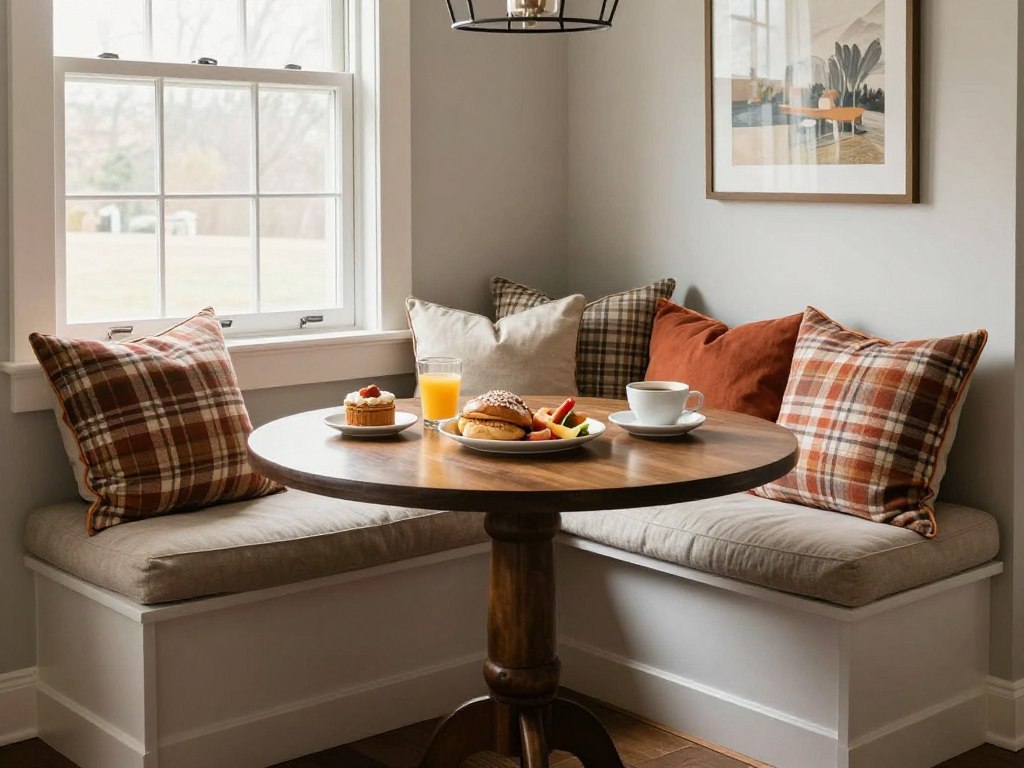 decorative throw pillows on kitchen bench seating
