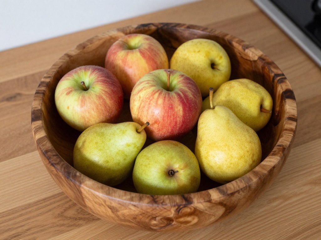 decorative wooden bowl with seasonal fruit display