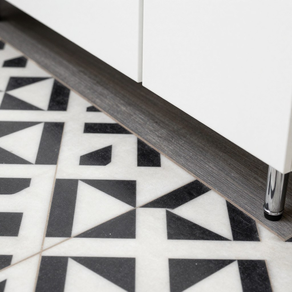 detail of patterned floor tile meeting white cabinets
