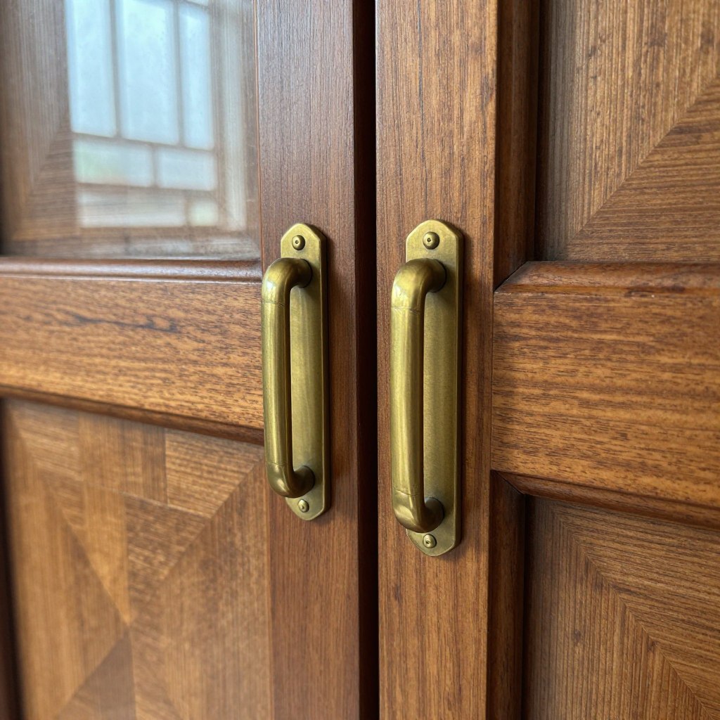 detail of walnut cabinet hardware and geometric tile pattern