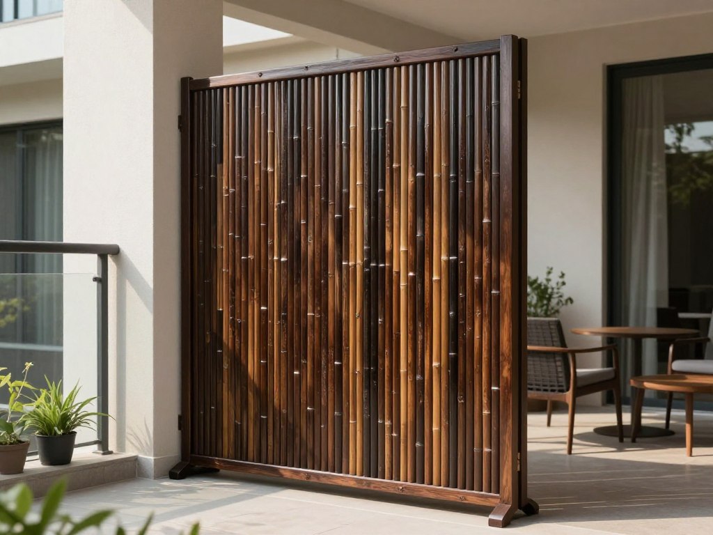 freestanding bamboo privacy screen on apartment balcony corner