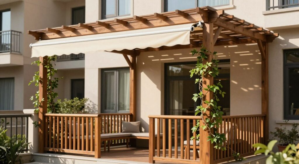 freestanding pergola on balcony with retractable canopy and climbing plants