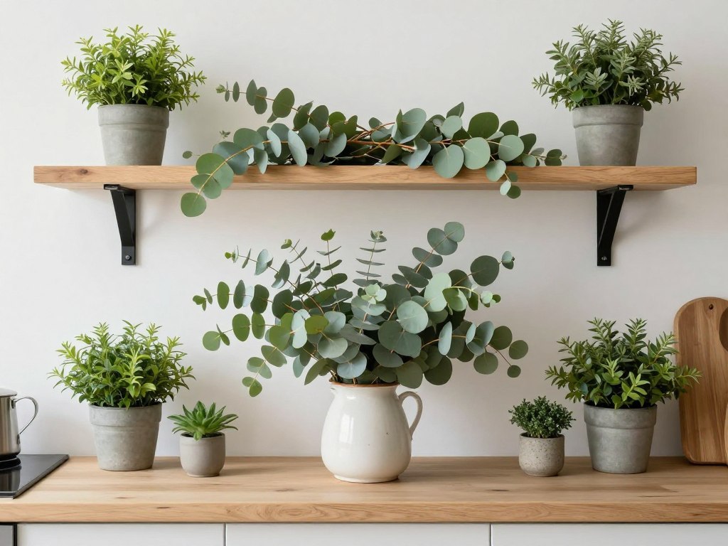fresh greenery and branches in kitchen display