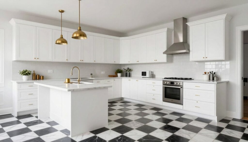 full kitchen view showing patterned floor with neutral palette above