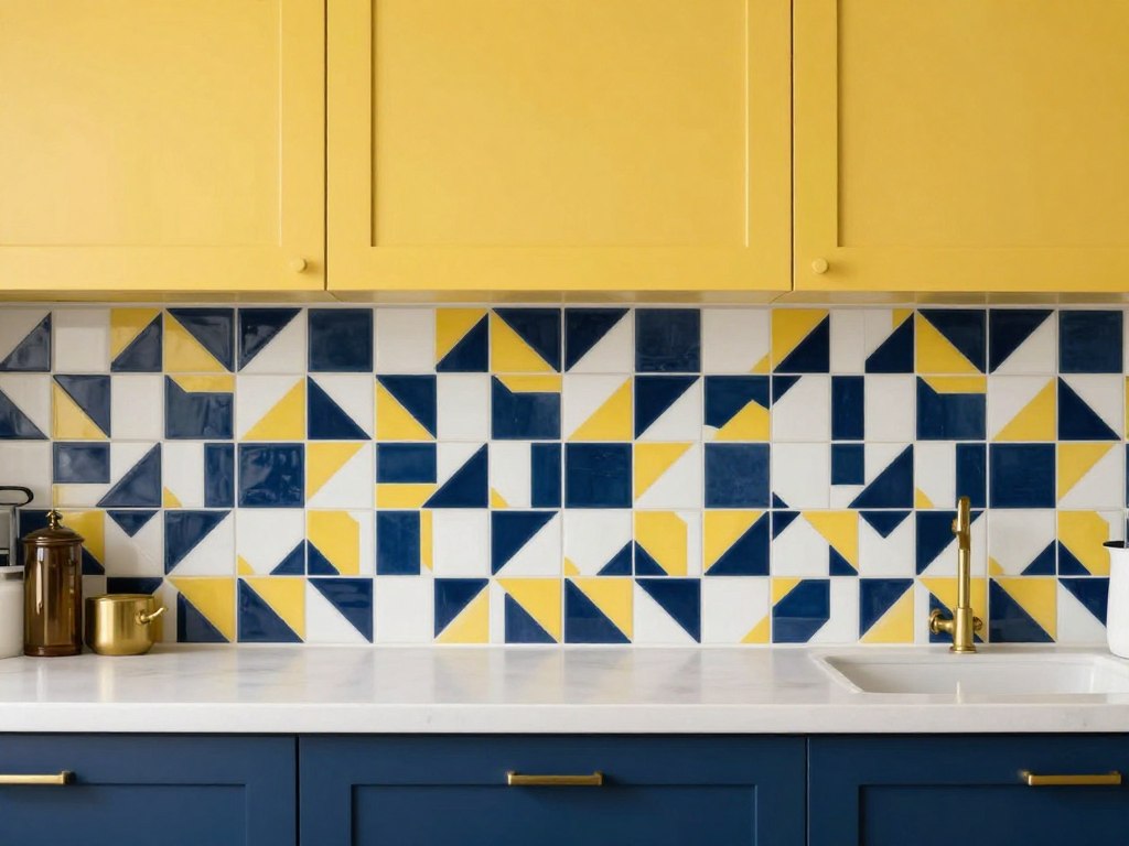 geometric backsplash tile with yellow and navy cabinets