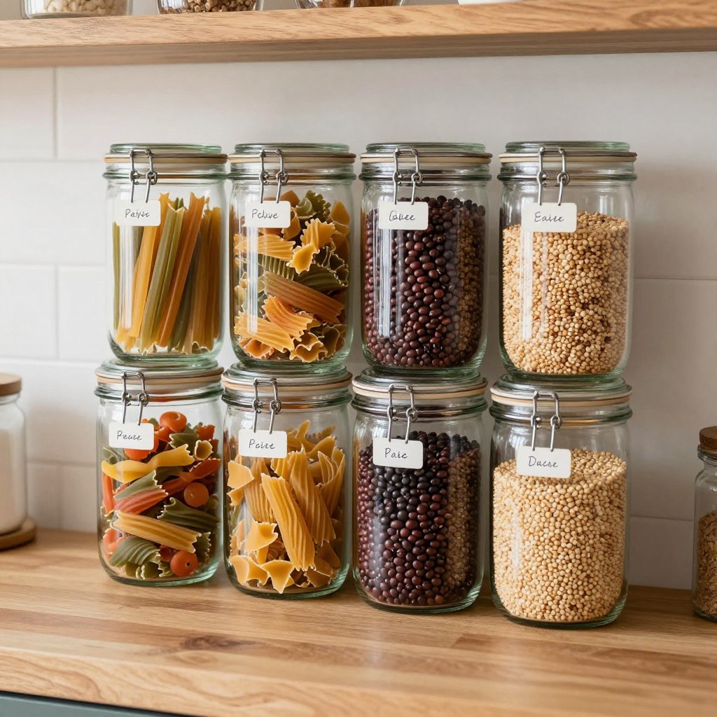 glass storage jars with seasonal dry goods