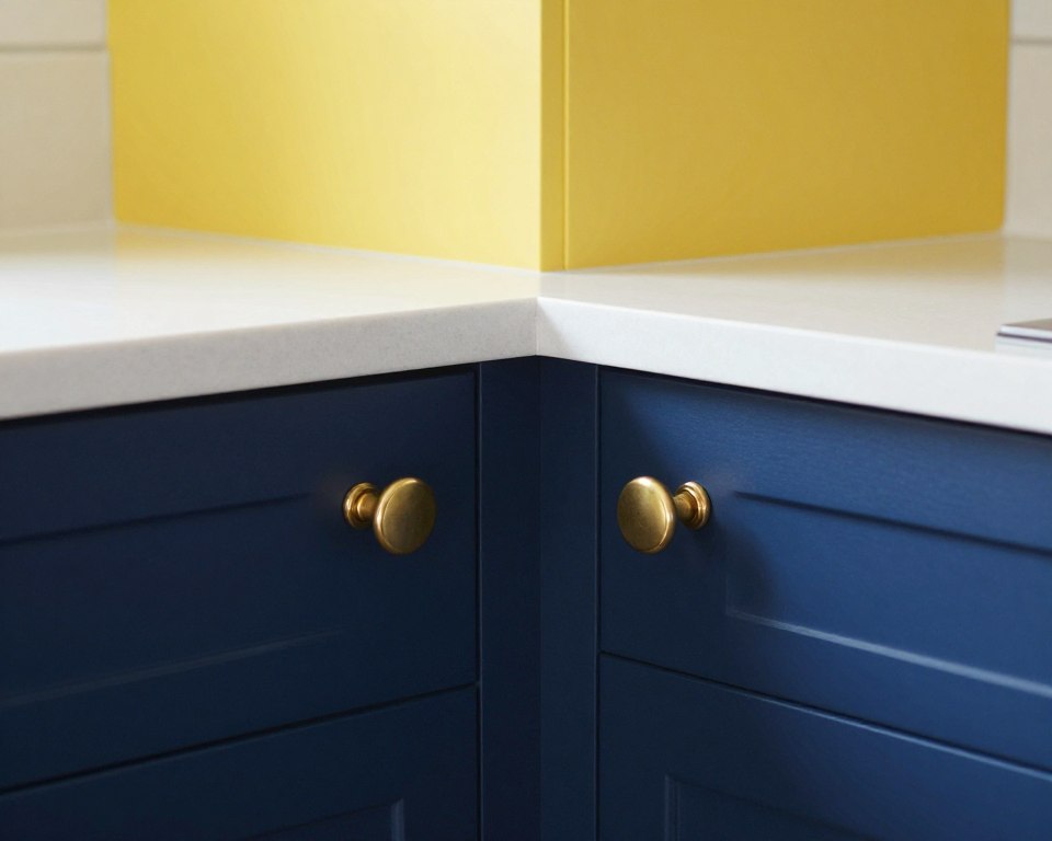junction of yellow upper and navy lower cabinets with brass hardware