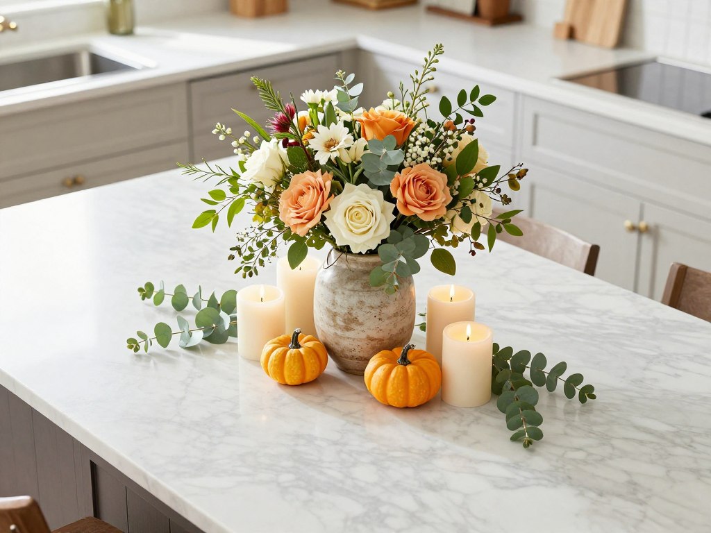 kitchen island centerpiece with seasonal flowers and candles
