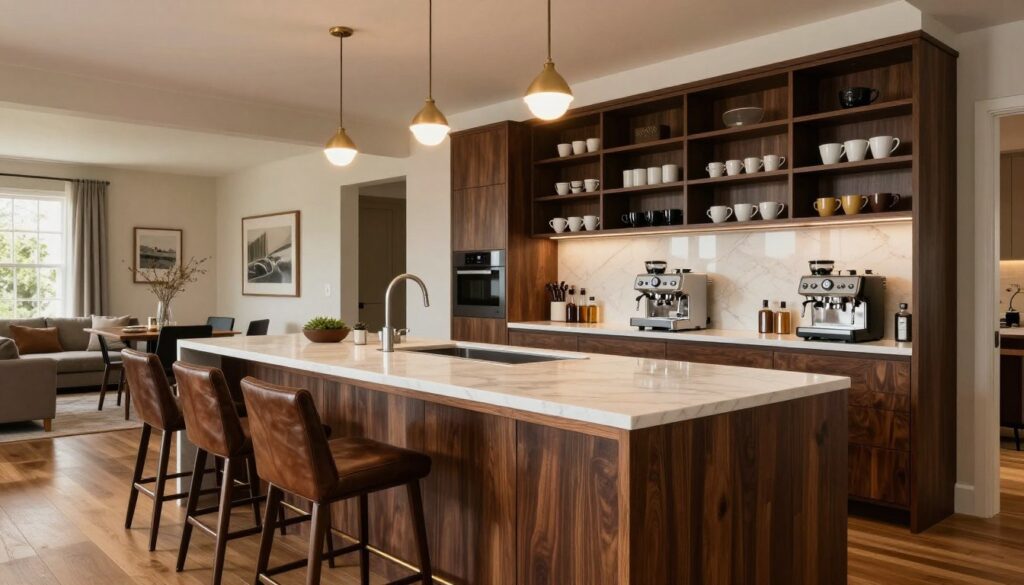 kitchen island with integrated built-in coffee station