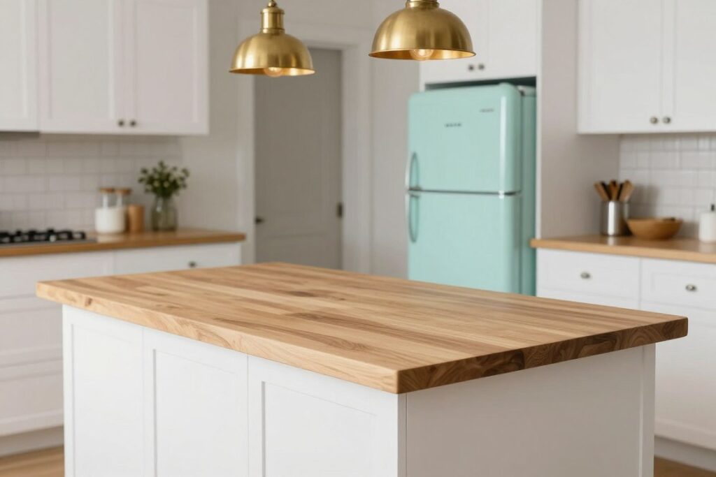 kitchen island with wood countertop near retro appliances