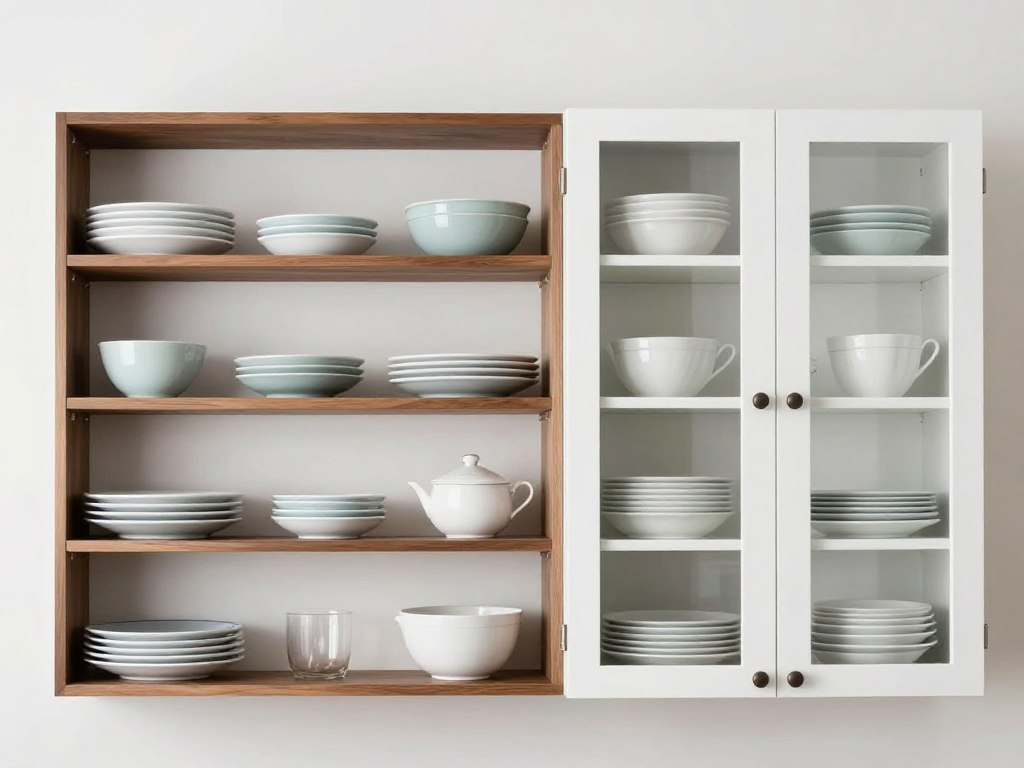 kitchen with mix of open shelving and glass-front cabinets