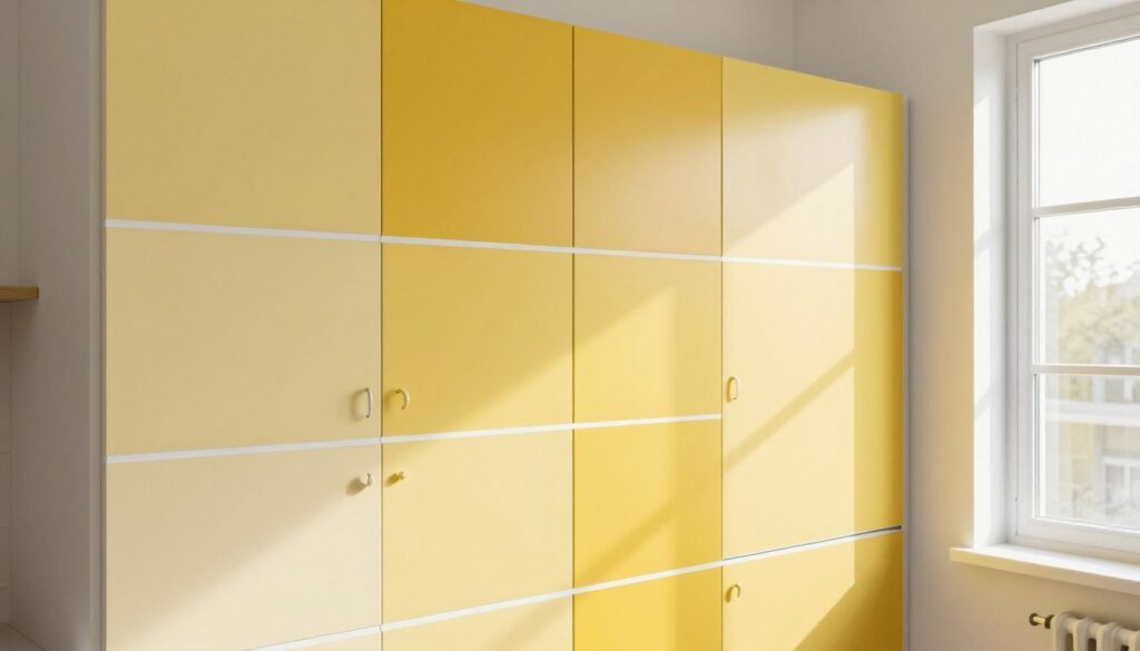 kitchen with paint samples of different yellow shades on cabinet doors