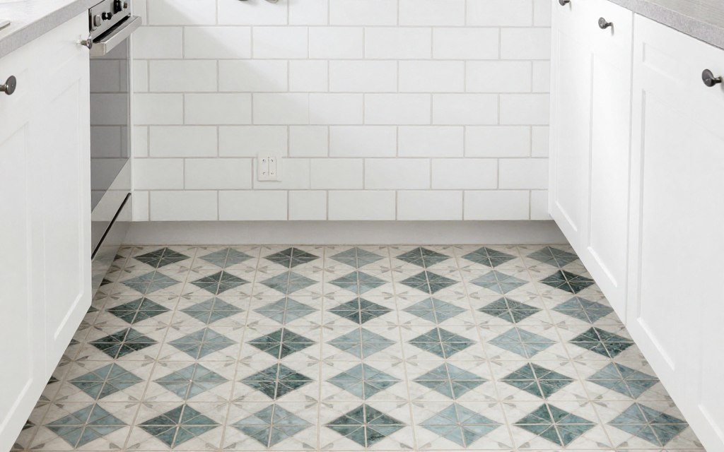 kitchen with patterned floor and simple white subway tile backsplash