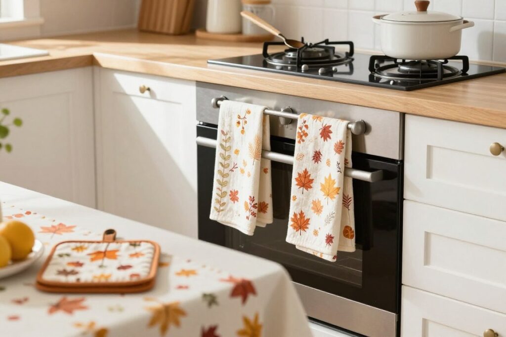 kitchen with seasonal towels and table linens