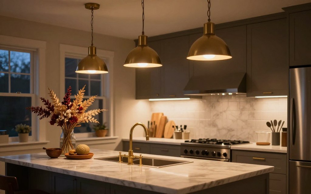 kitchen with warm lighting and seasonal pendant lights