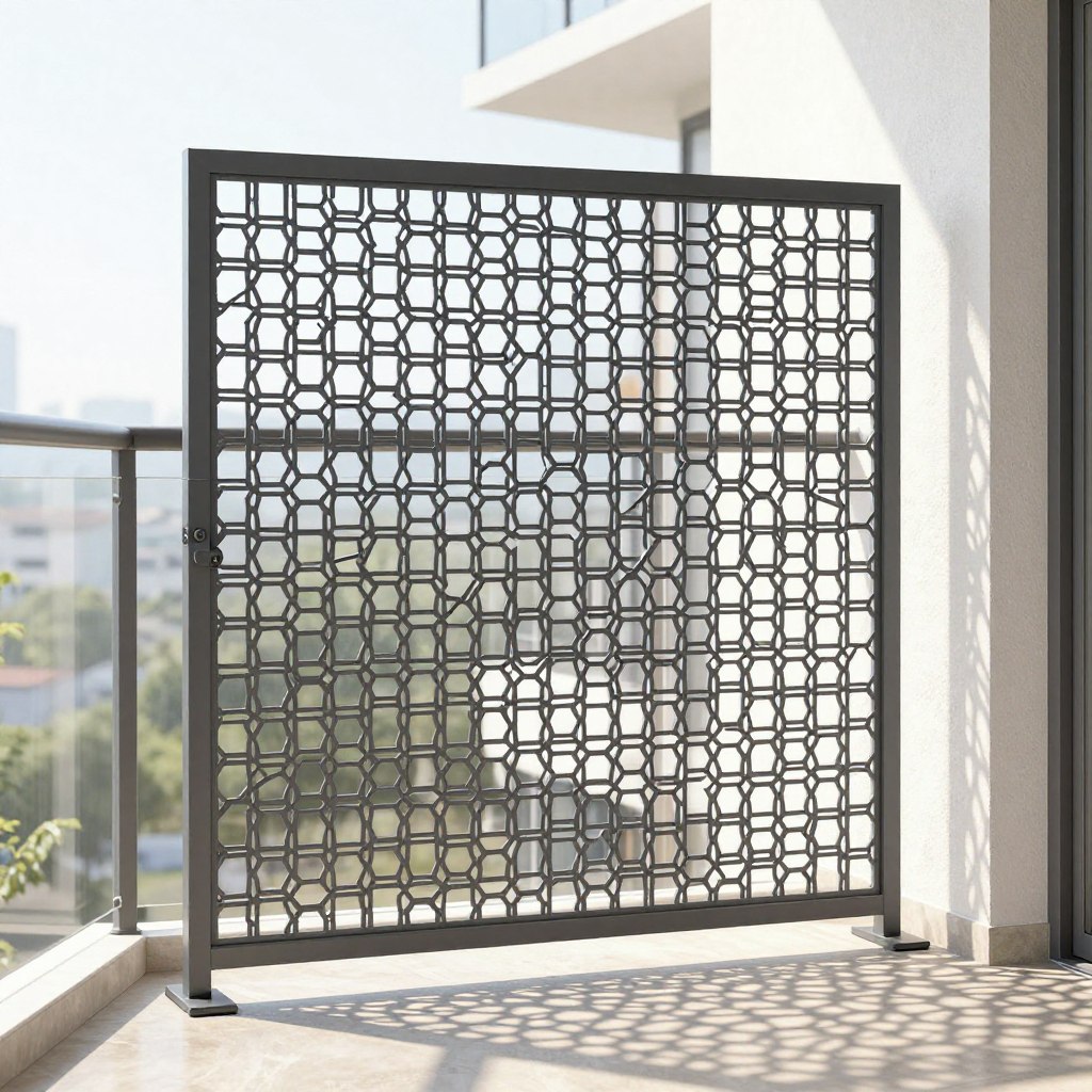 laser-cut metal privacy panel with geometric pattern on balcony