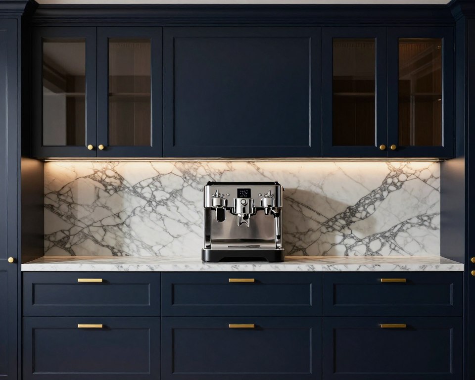 luxury coffee station with professional appliances and marble countertop