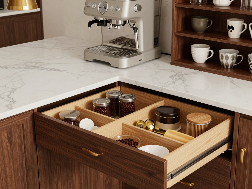 luxury kitchen island coffee station with organized storage