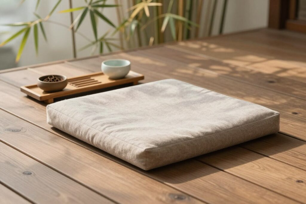 meditation accessories on balcony including cushion and incense