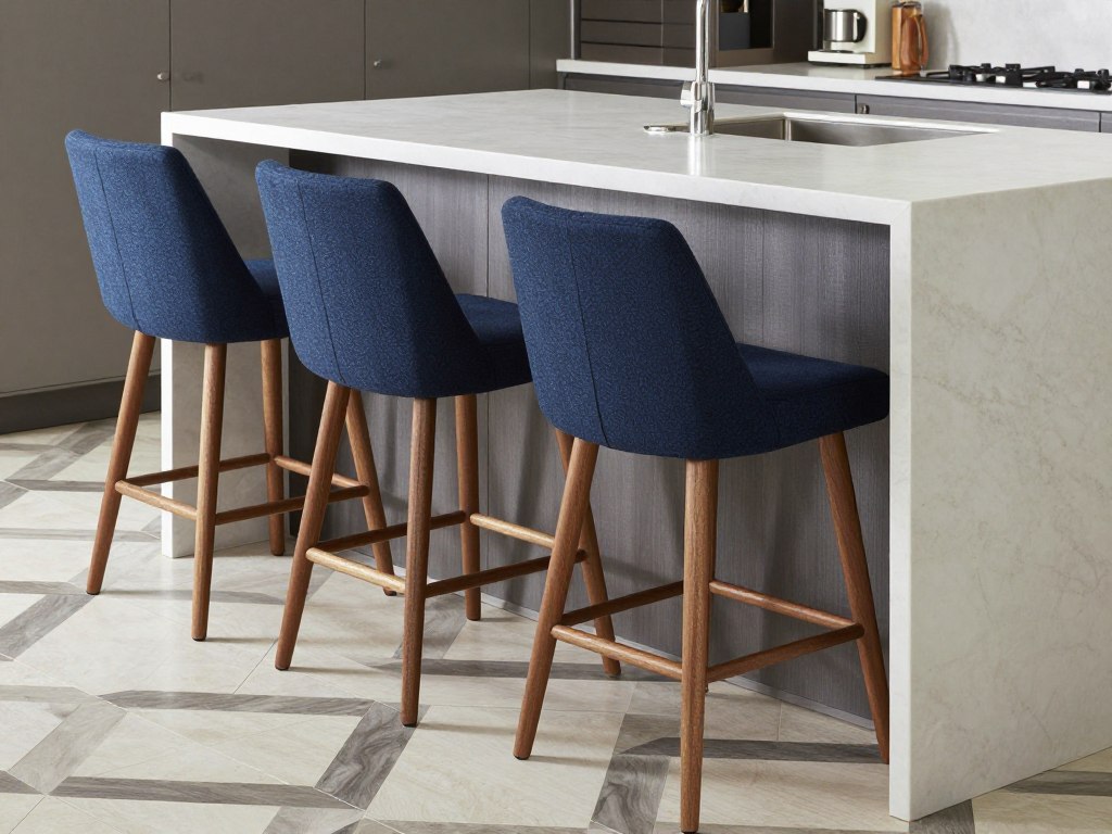 mid-century bar stools at island with patterned floor visible