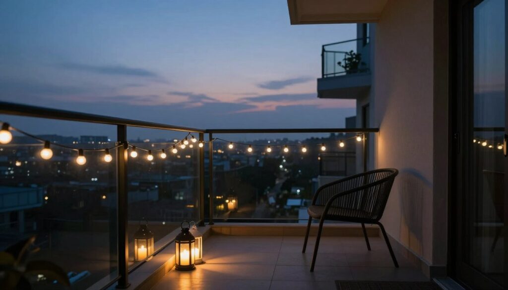 minimalist balcony with subtle evening lighting