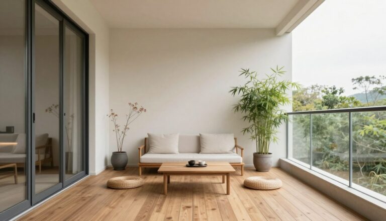 minimalist balcony with zen design featuring simple furniture and plants