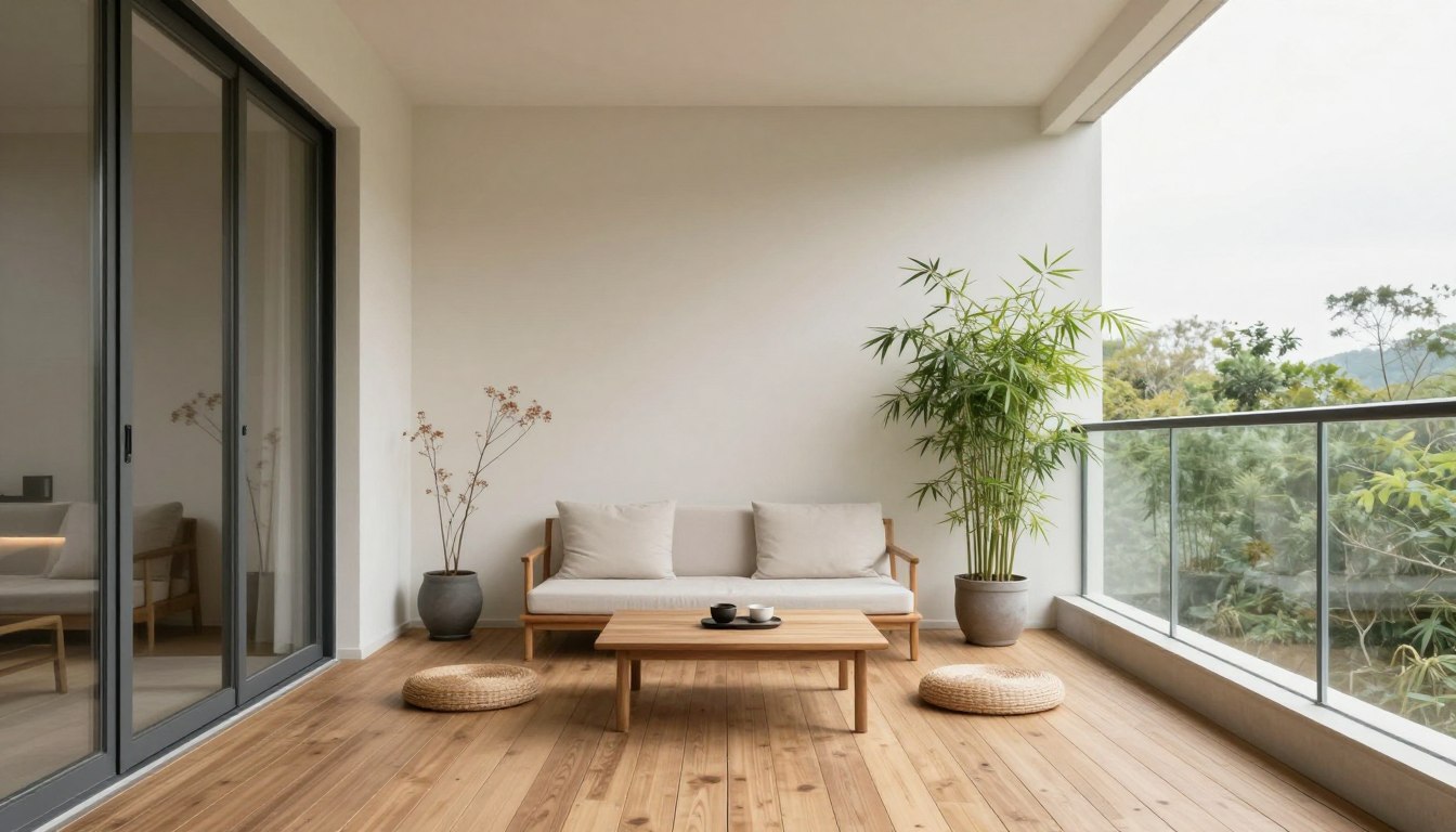 minimalist balcony with zen design featuring simple furniture and plants