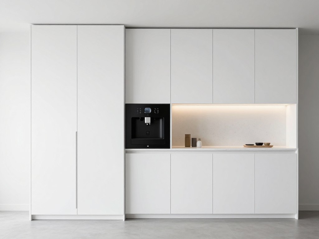 minimalist built-in coffee station with hidden appliances in white luxury kitchen