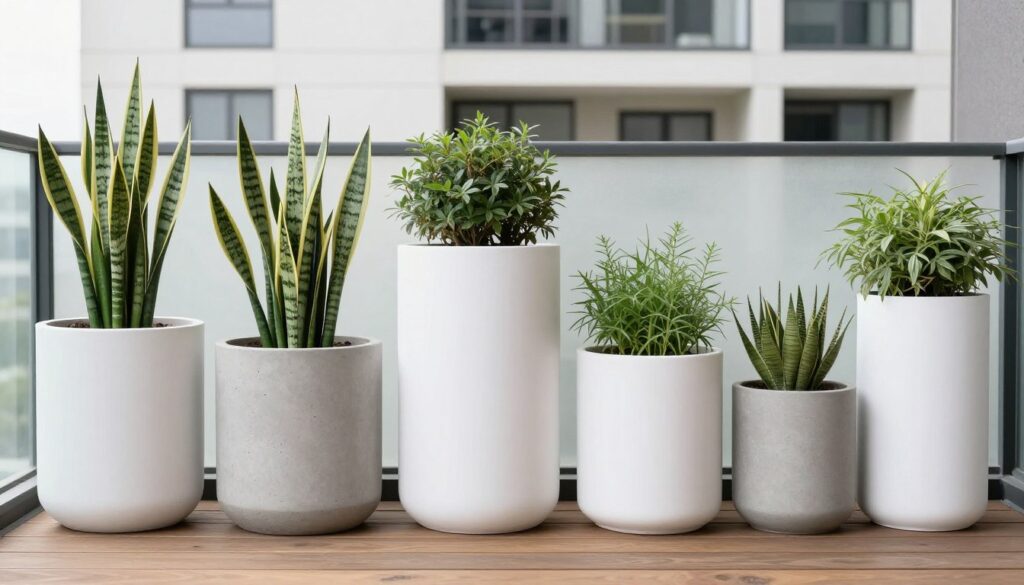 minimalist container garden on balcony with matching planters