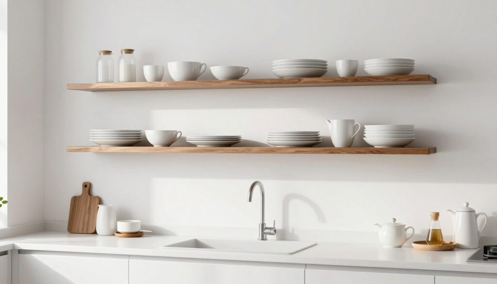 minimalist kitchen with walnut open shelving and white cabinets
