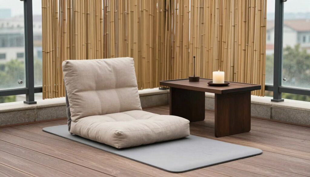 minimalist meditation corner on balcony with floor cushion
