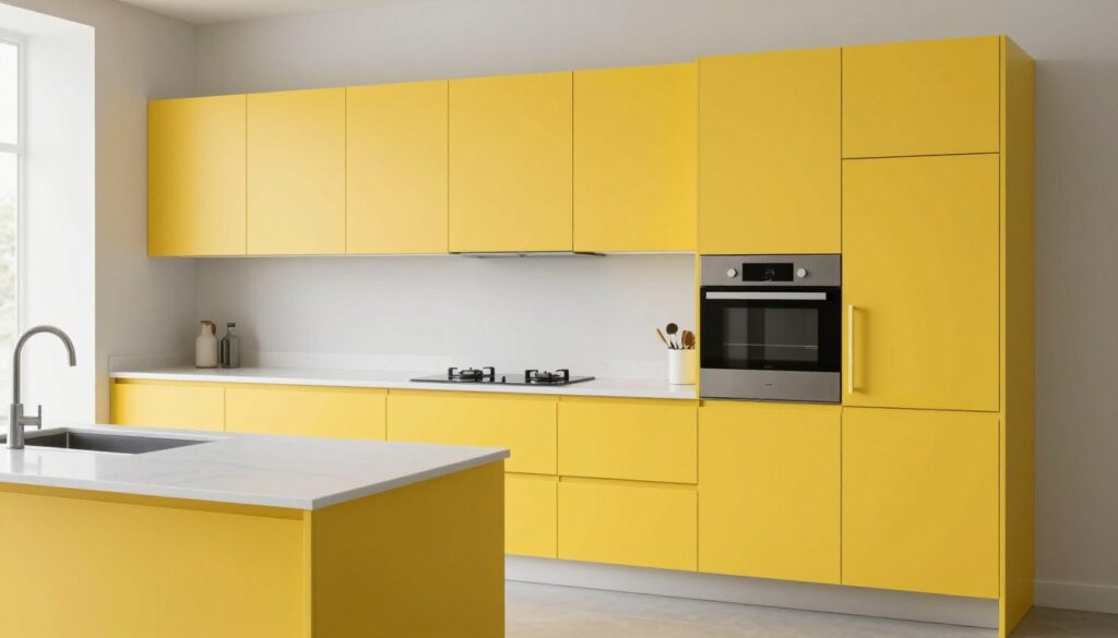 modern minimalist yellow kitchen cabinets with handleless design
