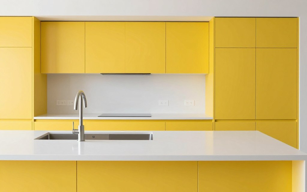 modern yellow cabinets with white solid surface countertops and integrated sink
