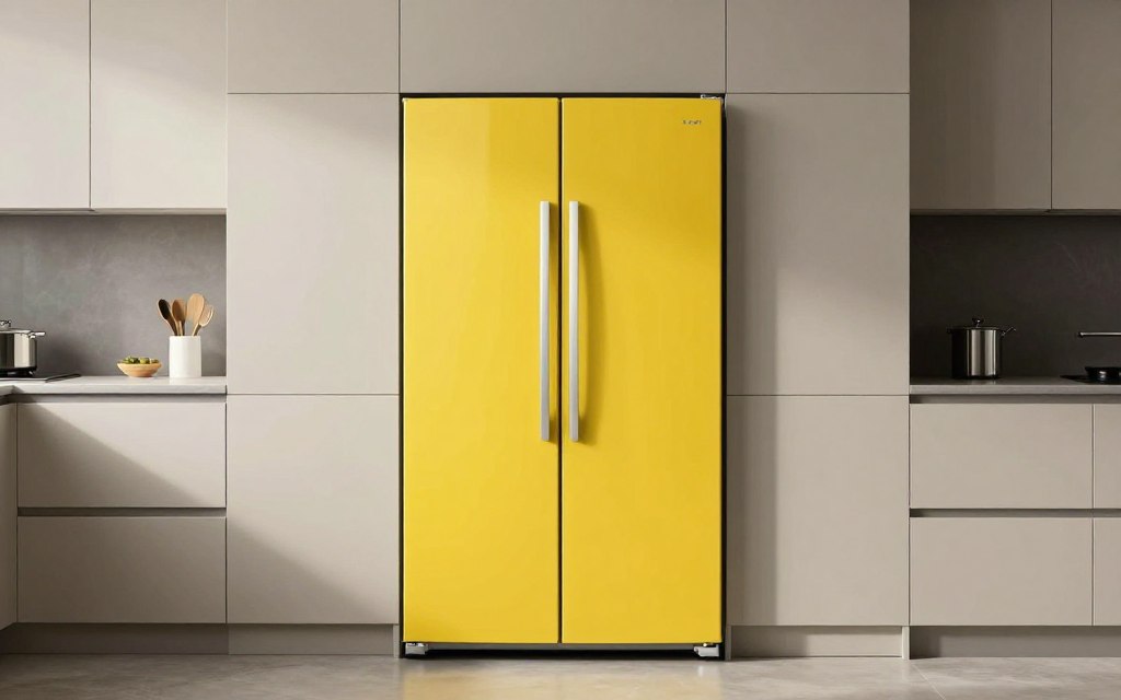 modern yellow kitchen with integrated panel-ready refrigerator
