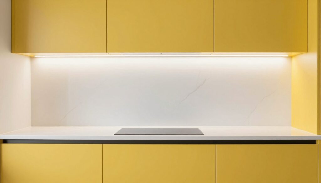 modern yellow kitchen with large-format white tile backsplash