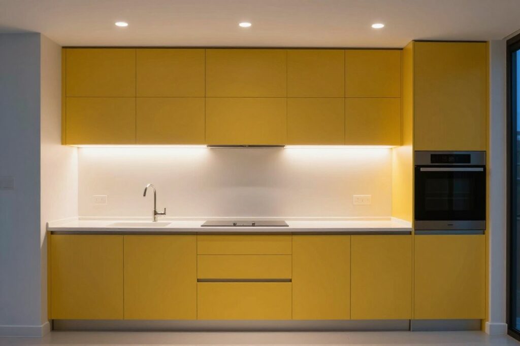 modern yellow kitchen with under-cabinet LED lighting illuminated