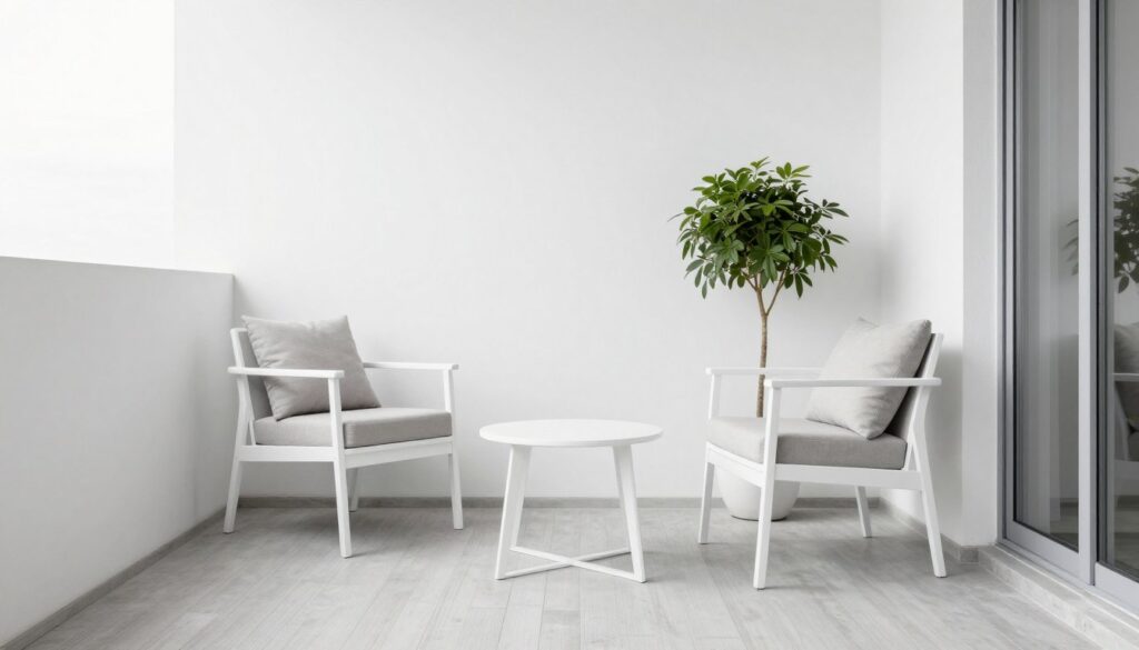 monochrome minimalist balcony seating with white and gray furniture