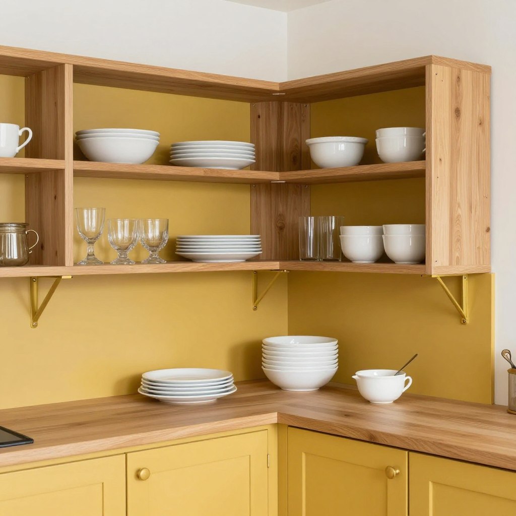 mustard yellow cabinets with natural wood open shelving displaying kitchenware