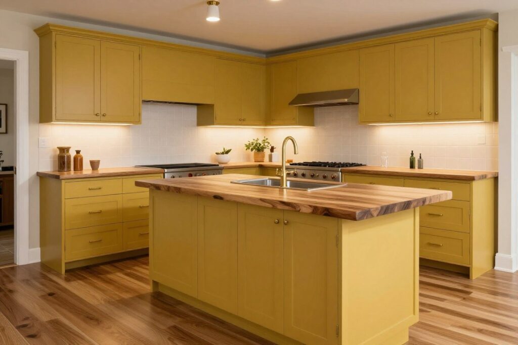 mustard yellow kitchen cabinets with butcher block countertops and wood flooring